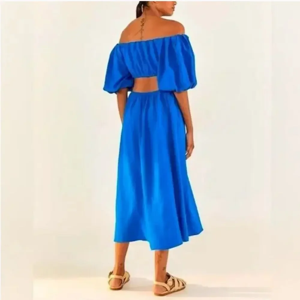 Farm Rio Knotted Cut Out Linen Blend Midi Dress Blue Women's Size XS - Picture 2 of 12